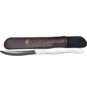 Vintage CUTCO #1759JF TABLE KNIFE Pearl White 3.25" Blade USA w Leather Sheaf